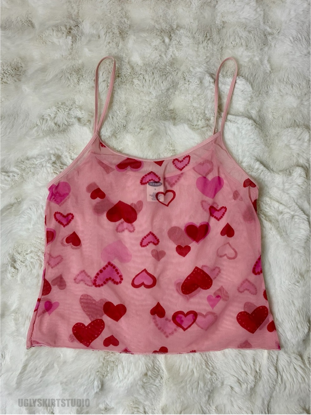 Old Navy Y2K Vintage Pink Heart Print Sheer Mesh Cami Top Large